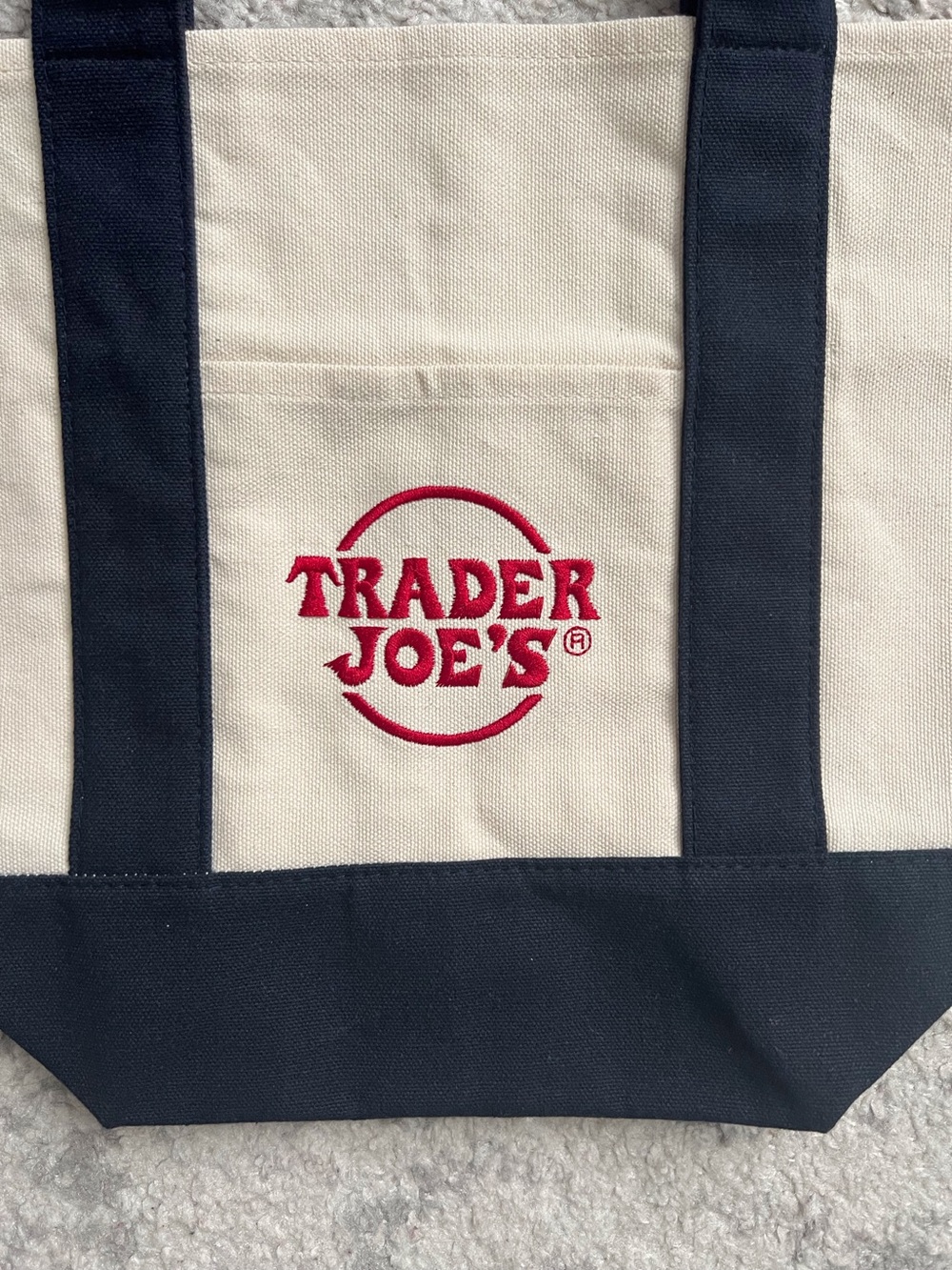 Trader Joe's Mini Tote Bag Shopper Navy Cream Trending Small 13 inch Canvas - Picture 2 of 6